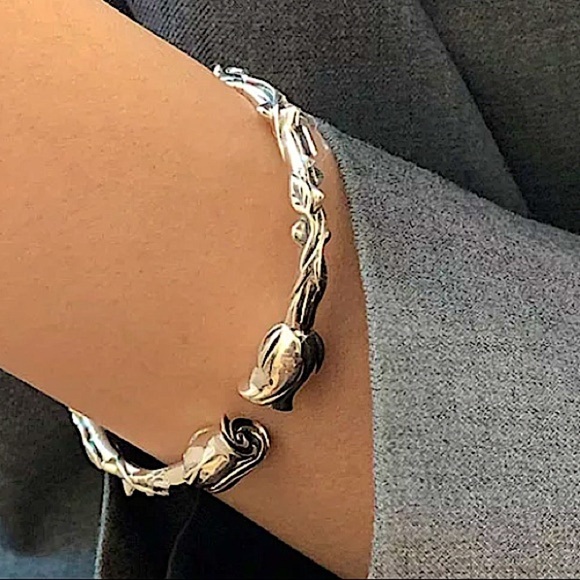 Rose Flower Sterling Silver Bangle Bracelet - Picture 3 of 14